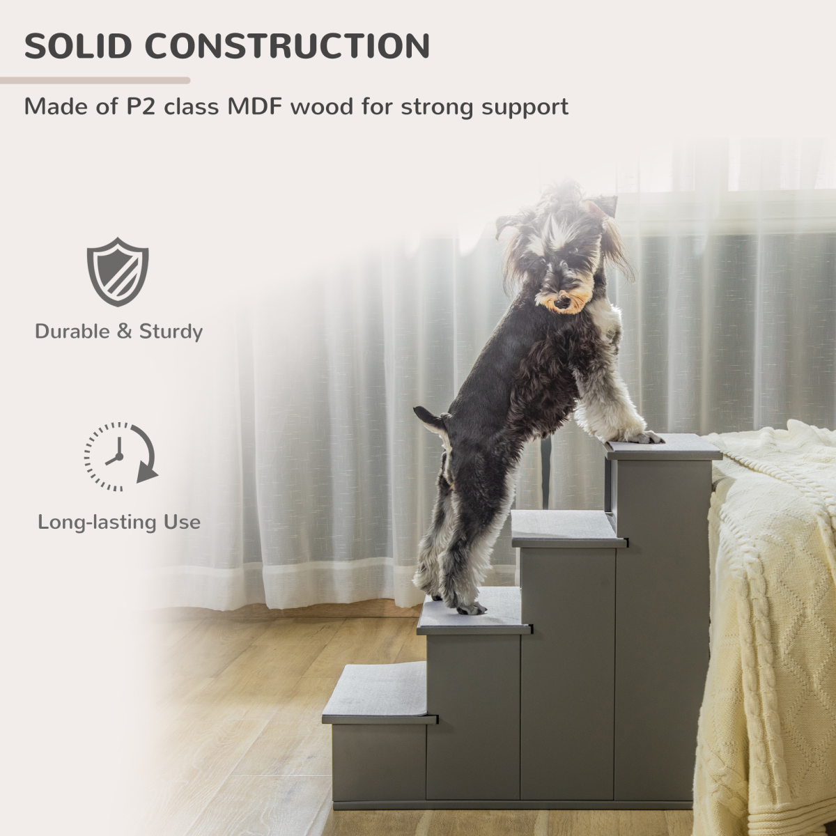 4-Step Wooden Pet Stairs with Cushioned Treads for Bed & Couch, Grey Pawhut