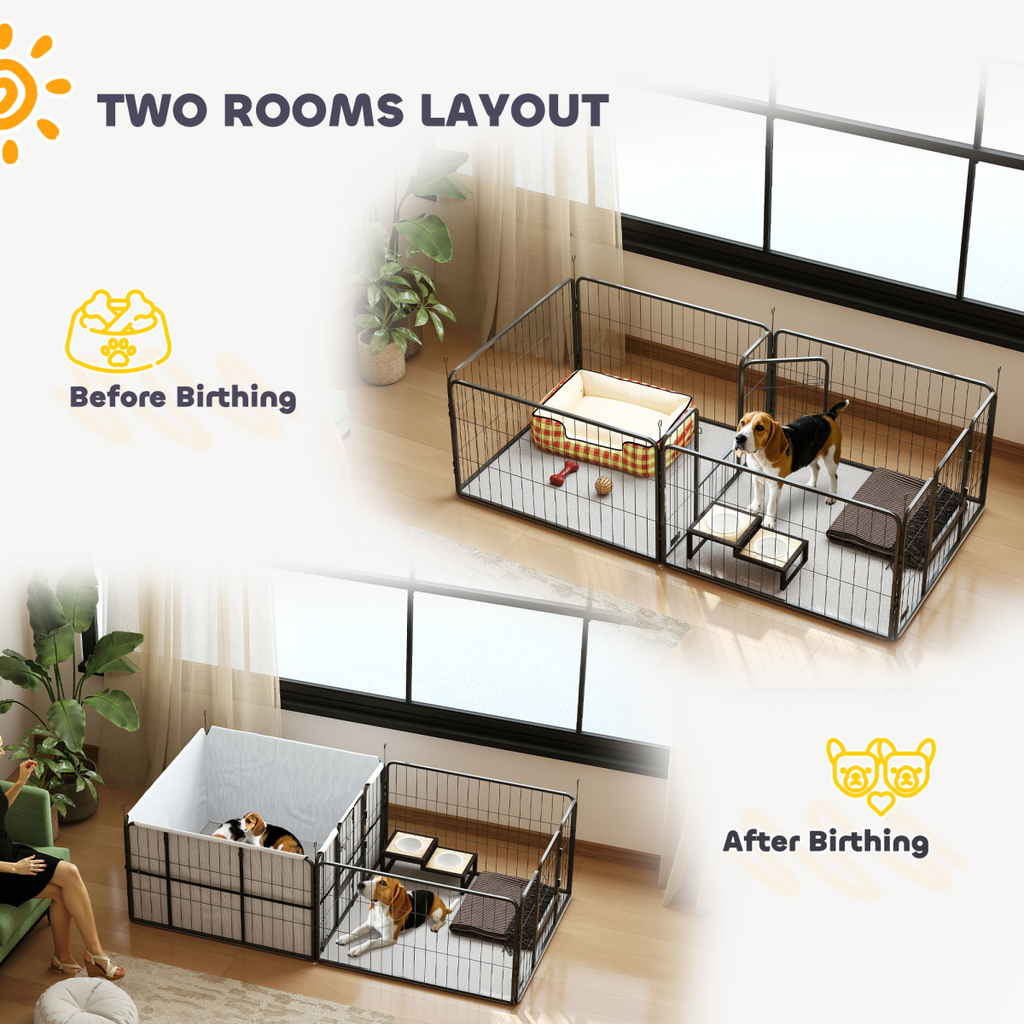 PawHut 7-Panel Whelping Box & Playpen for Small–Medium Dogs, 2 Rooms