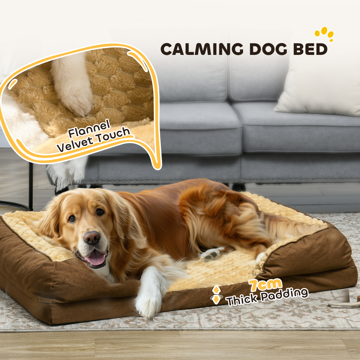 PawHut Calming Large Dog Bed with Thick Bolster, Non-Slip, Brown