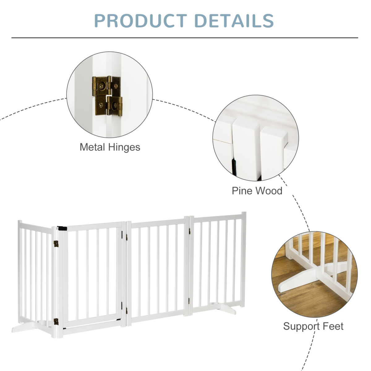Pawhut Freestanding 4-Panel Pet Gate with 2 Support Feet for Doorways - White