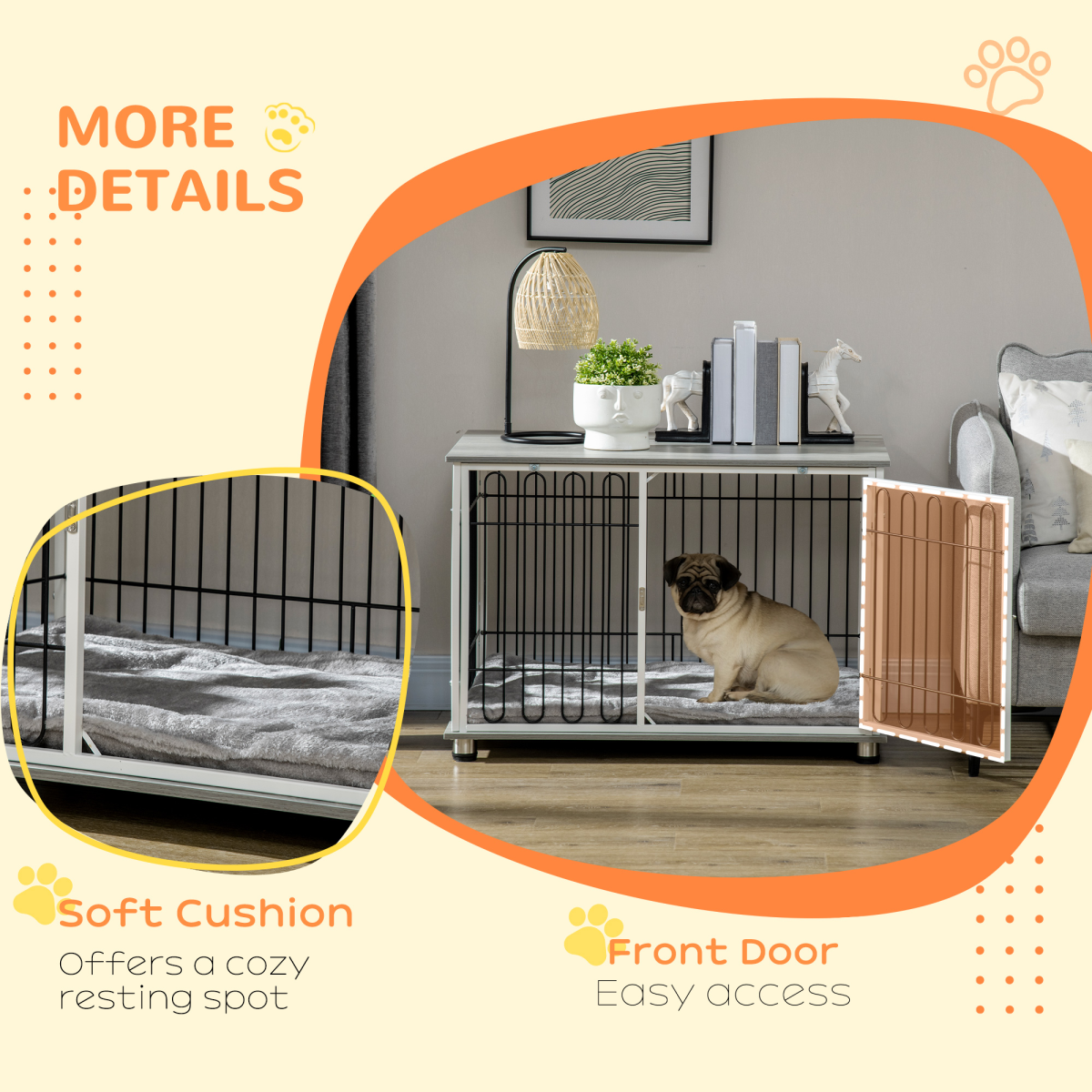 PawHut Dog Crate End Table — Soft Washable Cushion, Lockable Door