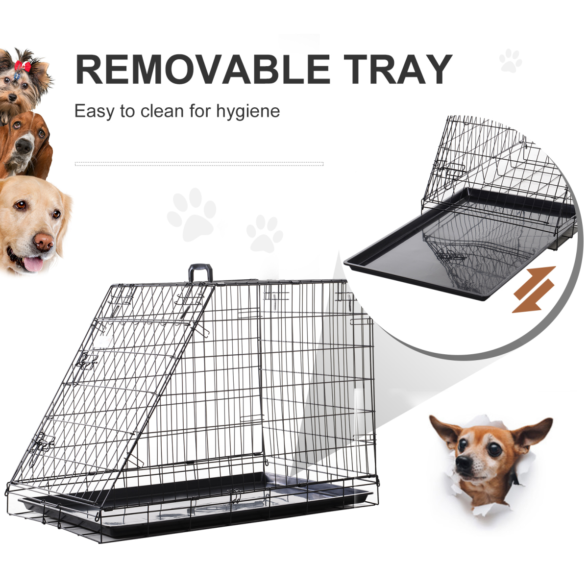 PawHut Trapeze Collapsible Dog Cage with Removable Tray 93x58x65 cm