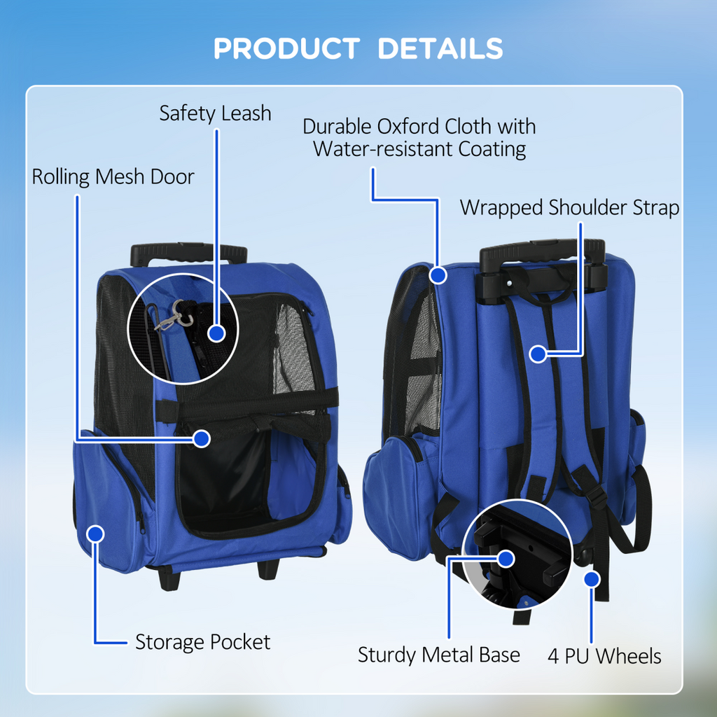2-in-1 Pet Travel Backpack & Trolley Carrier with Telescopic Handle - 4 PU Wheels