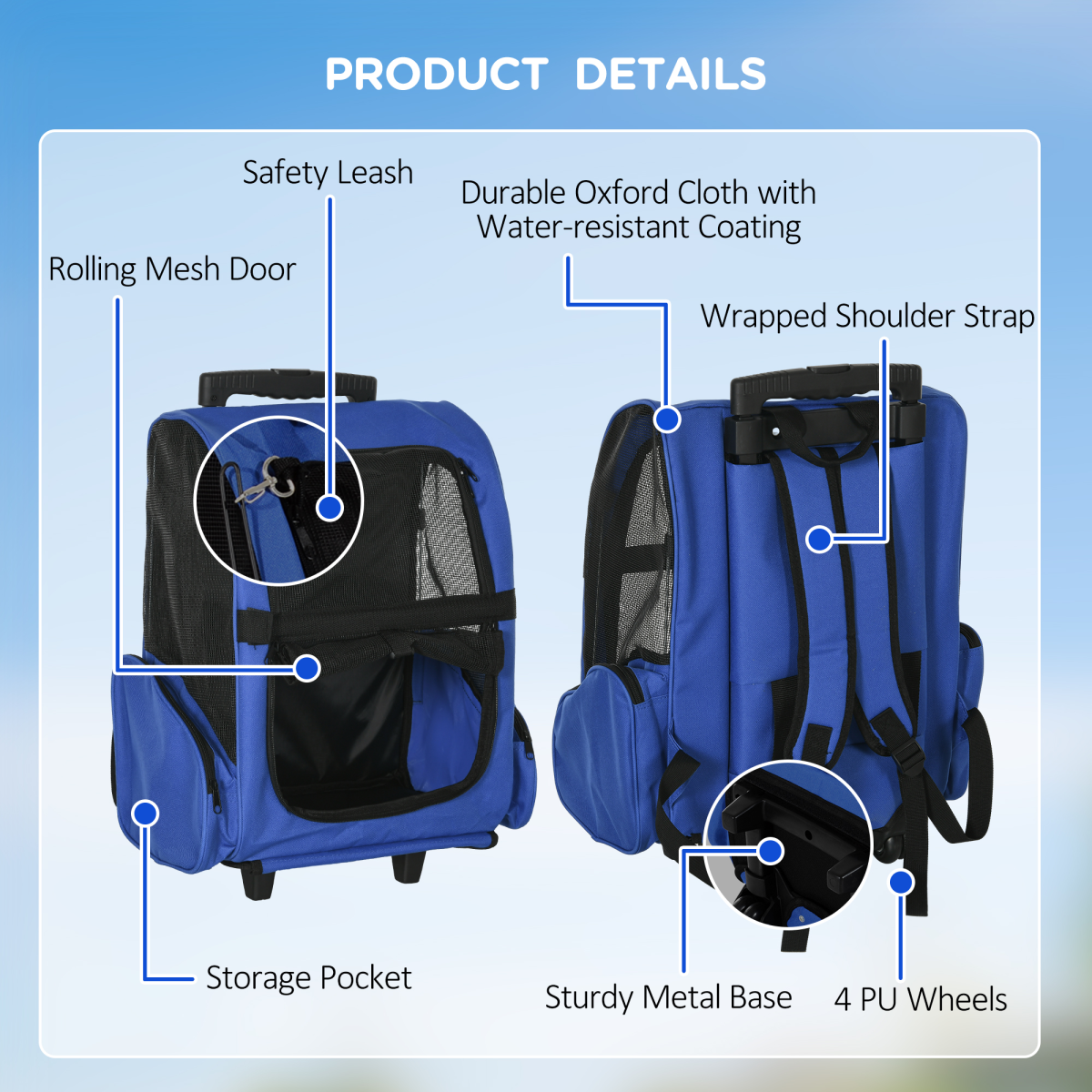 2-in-1 Pet Travel Backpack & Trolley Carrier with Telescopic Handle - 4 PU Wheels