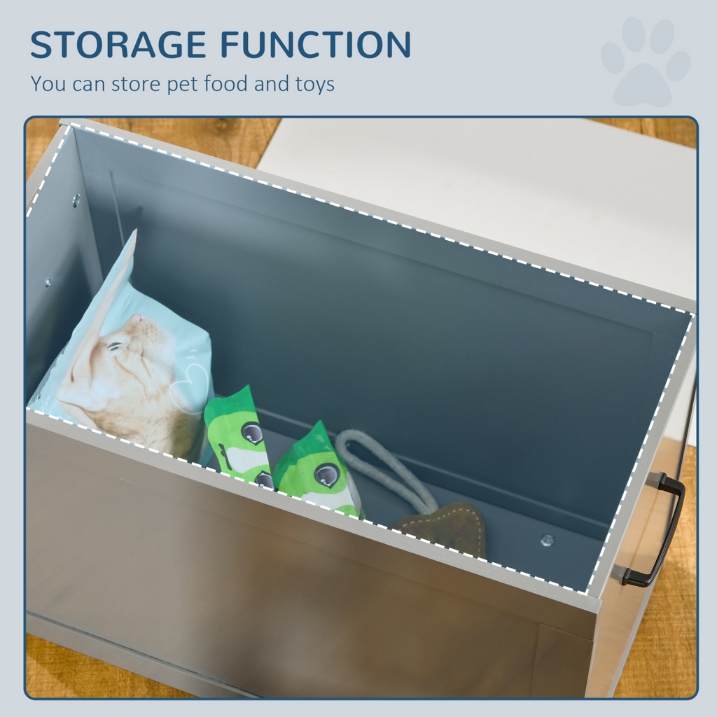 Grey Elevated Dual Pet Bowls with Storage Stand - Stainless Steel