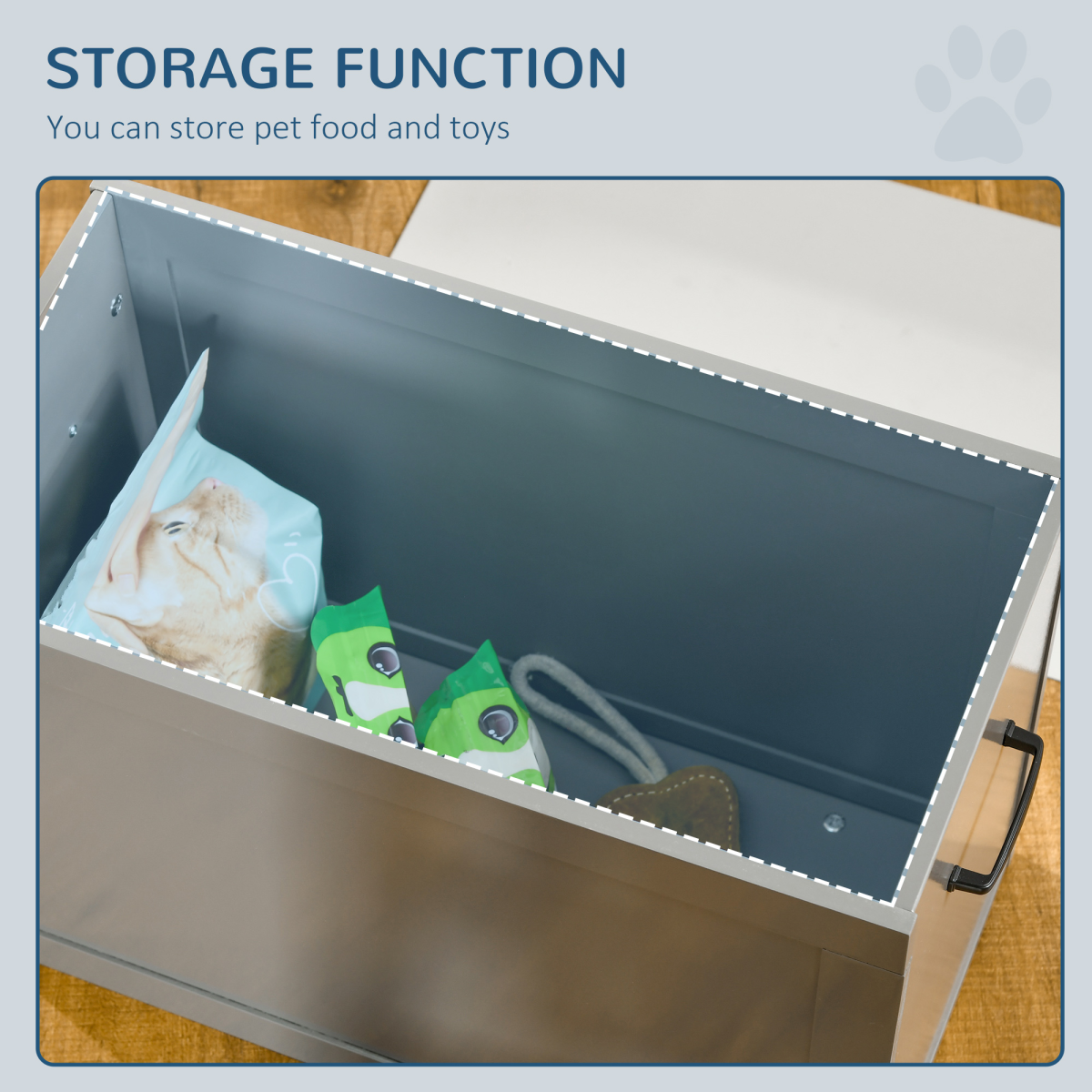 Grey Elevated Dual Pet Bowls with Storage Stand - Stainless Steel