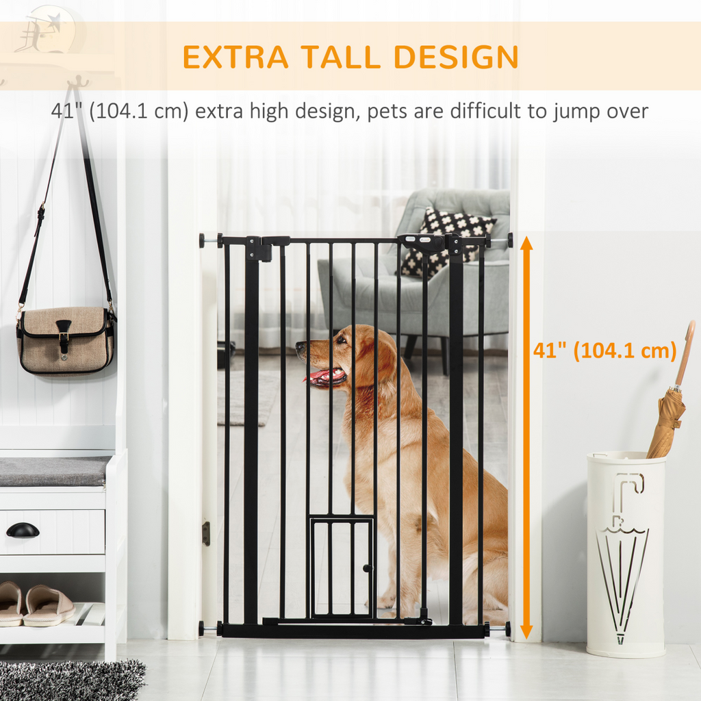 PawHut Extra Tall Dog Gate with Cat Door, Auto-Close for Stairs, 74-101 cm