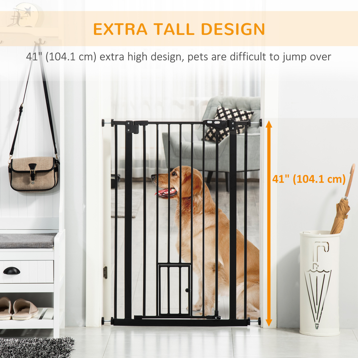 PawHut Extra Tall Dog Gate with Cat Door, Auto-Close for Stairs, 74-101 cm