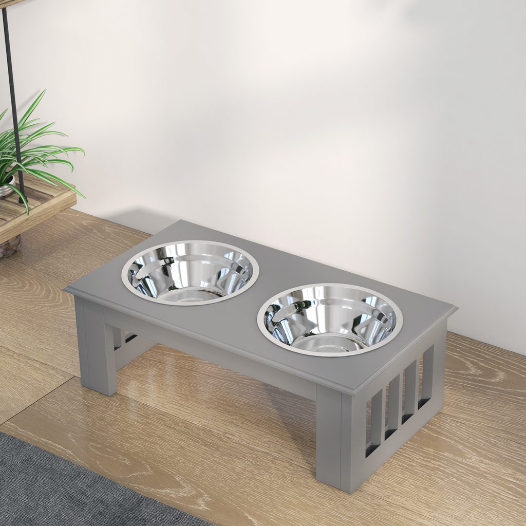 PawHut Double Bowl Raised Dog Feeder - Stainless Steel, Anti-Slip Grey