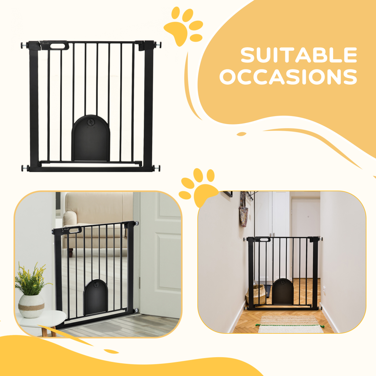 Adjustable 75-82 cm Pet Gate - Stair-Pressure Fit, Auto-Close, Double Lock, Black