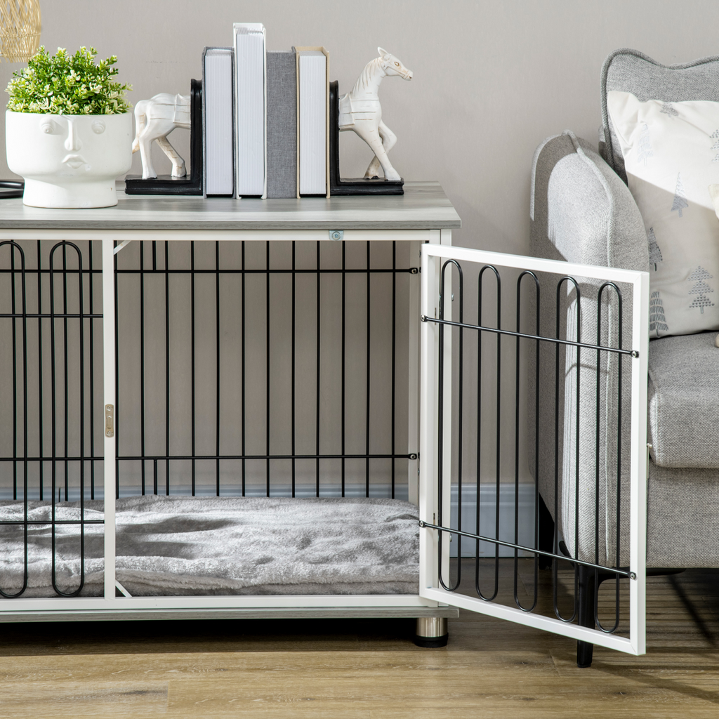 PawHut Dog Crate End Table — Soft Washable Cushion, Lockable Door