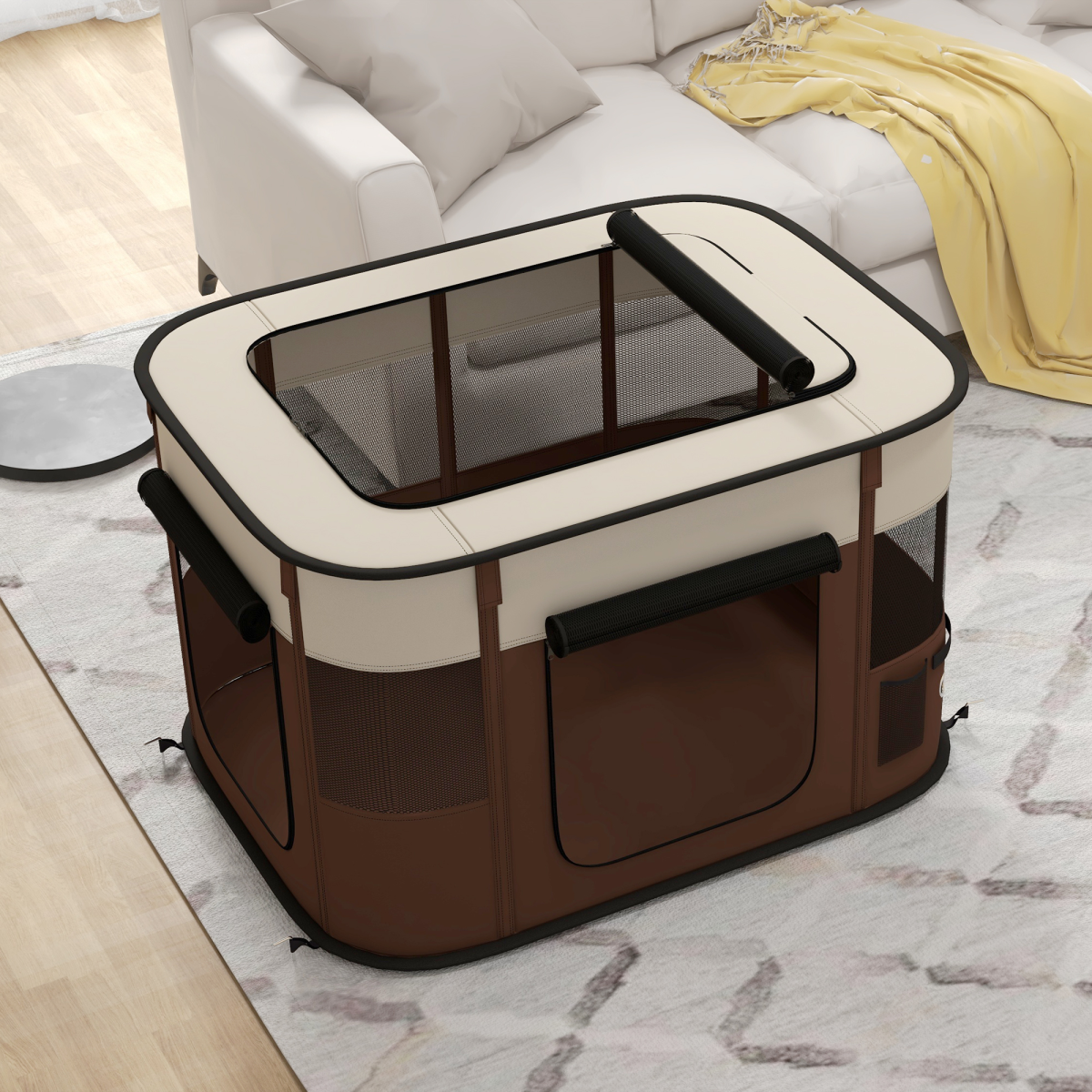PawHut Portable Pet Pen for Small Animals - Brown, Foldable & Ventilated