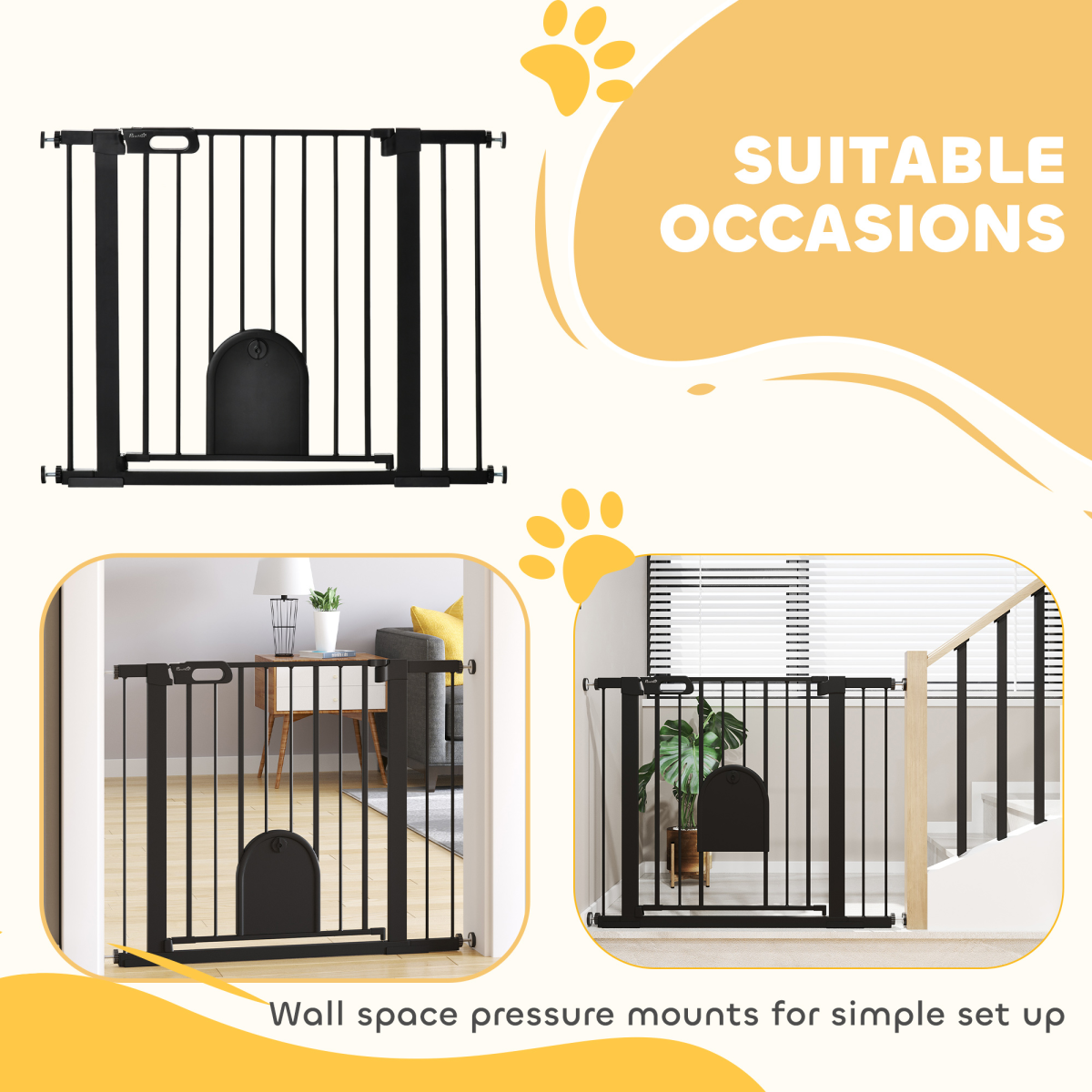 75-103 cm Extra-Wide Pet Gate, Stair Pressure Fit, Double Locking, Black