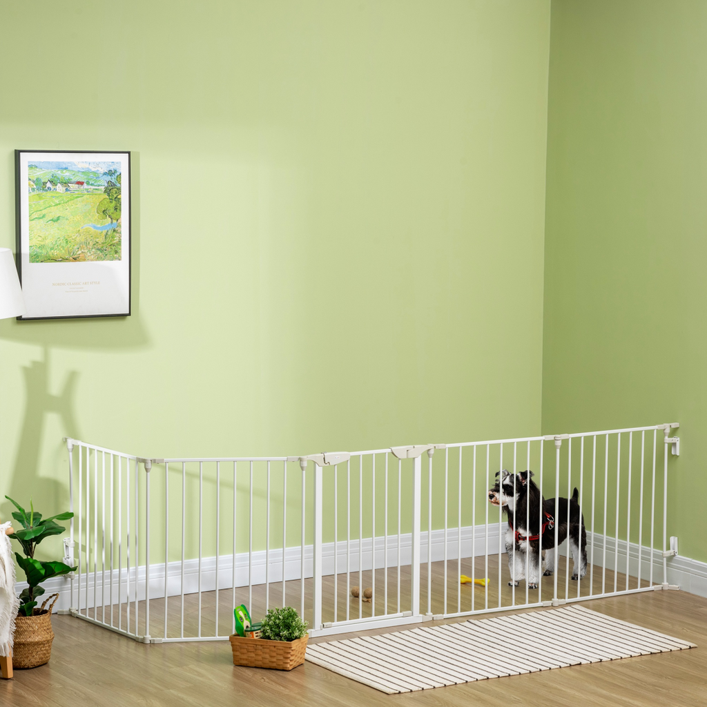 5-Panel Pet Gate Playpen, Indoor Stair Barrier with Walk-Through Door, White