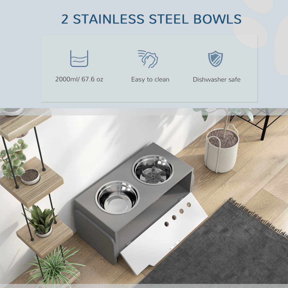 PawHut Height-Adjustable Dog Feeder with Dual Stainless Bowls & Storage