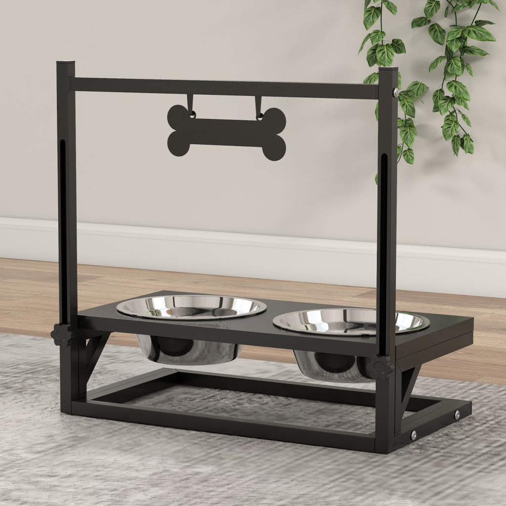PawHut Adjustable Raised Dog Bowl Stand with Name Plate