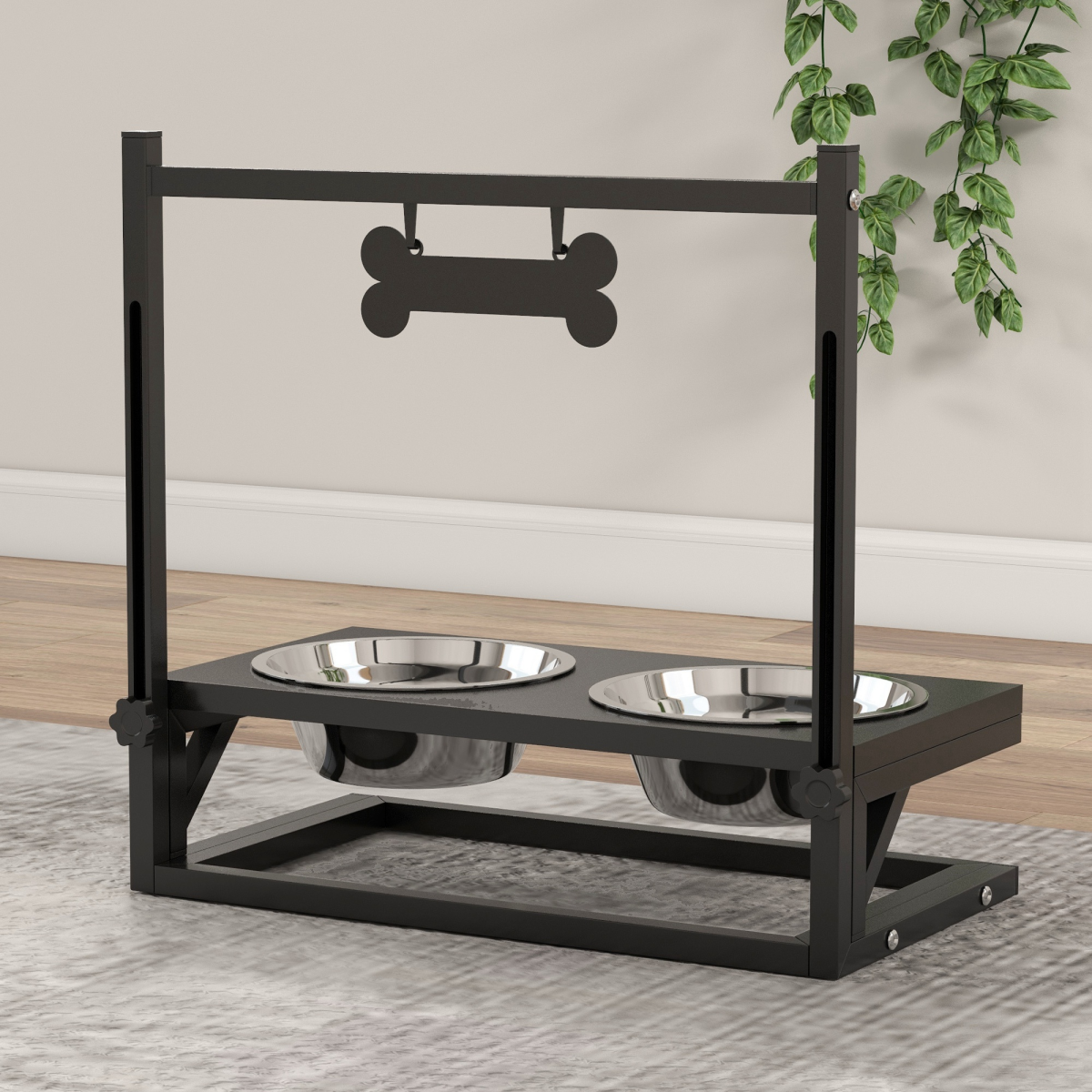 PawHut Adjustable Raised Dog Bowl Stand with Name Plate