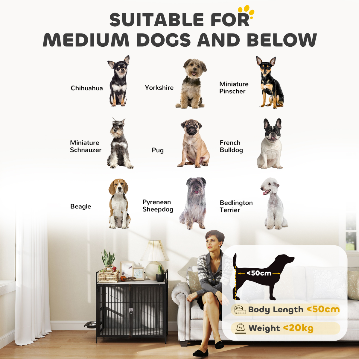 PawHut 2-in-1 Rotating Bowl Dog Crate Table for Medium Dogs, Grey
