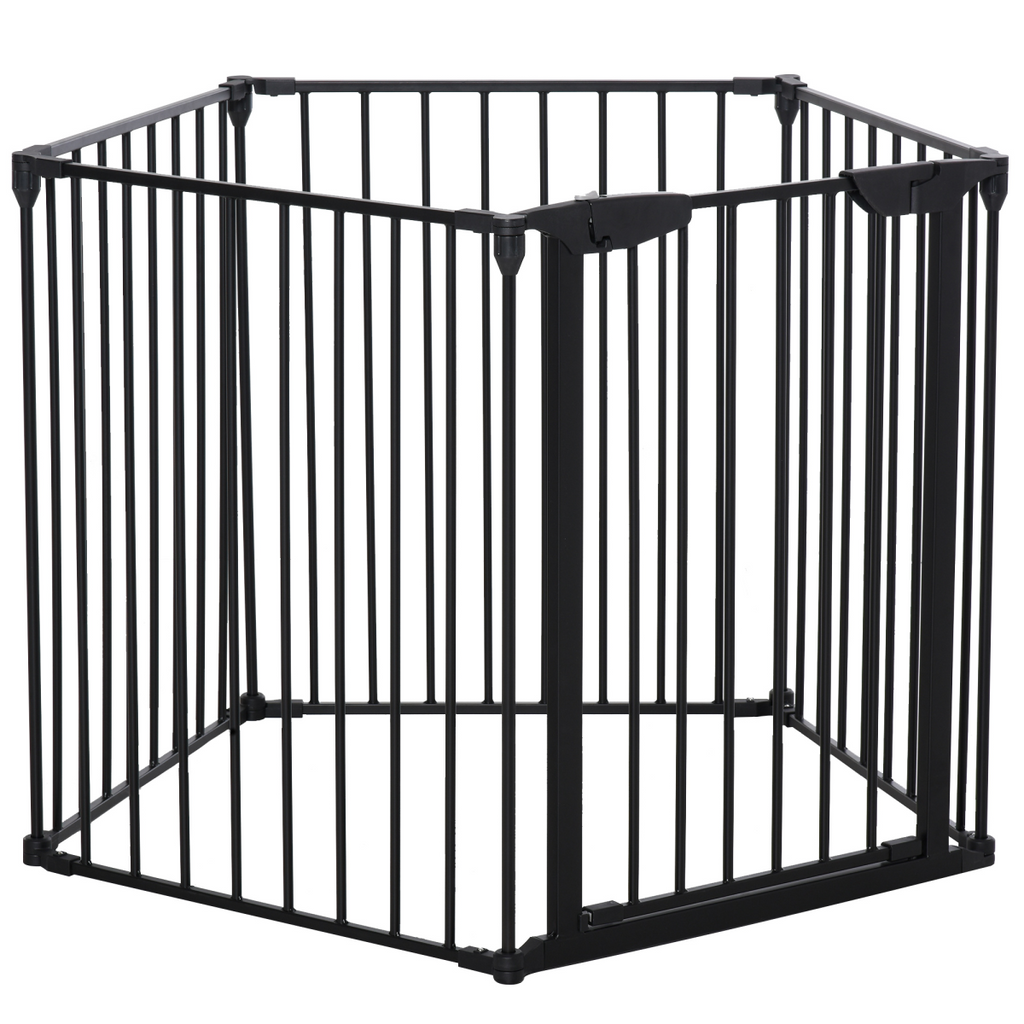 5-Panel Pet Gate Dog Playpen - Indoor Stair Barrier with Walk-Through Door Black