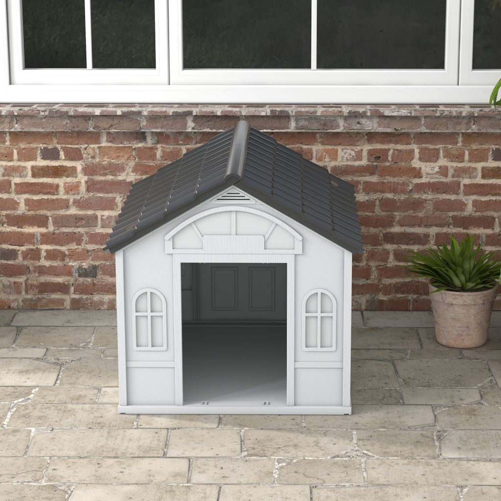 PawHut Weather-Resistant Large Dog House Grey Plastic Shelter
