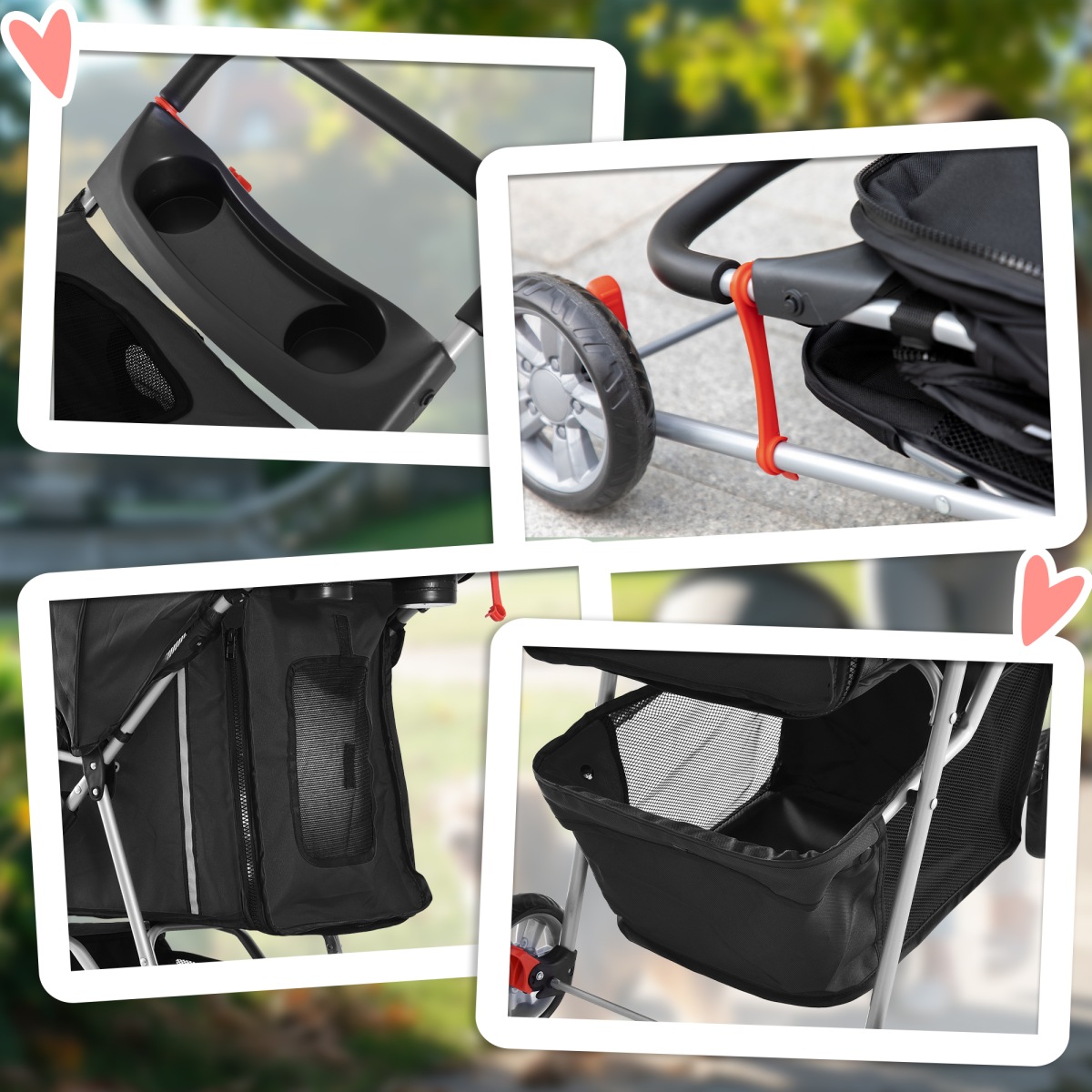 3-Wheel Cat & Dog Pet Stroller Carrier with Brake & Breathable Mesh - Black
