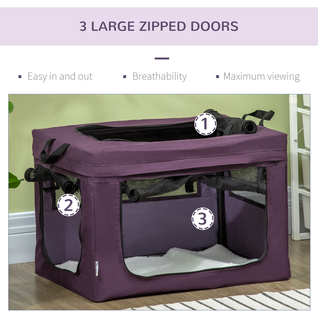 60cm Foldable Pet Carrier with Cushion - Purple Cat/Dog Travel Bag