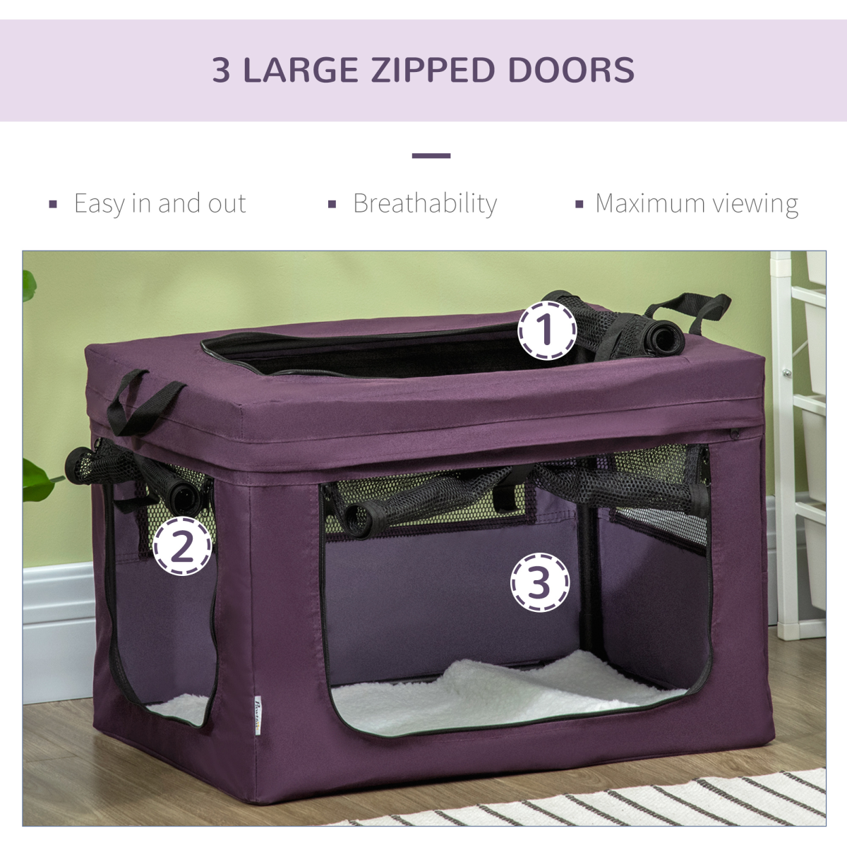 60cm Foldable Pet Carrier with Cushion - Purple Cat/Dog Travel Bag