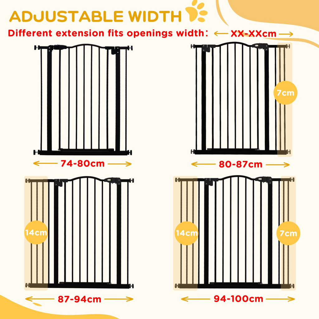 PawHut Adjustable Metal Pet Gate 74-100cm with Auto-Close Door Black