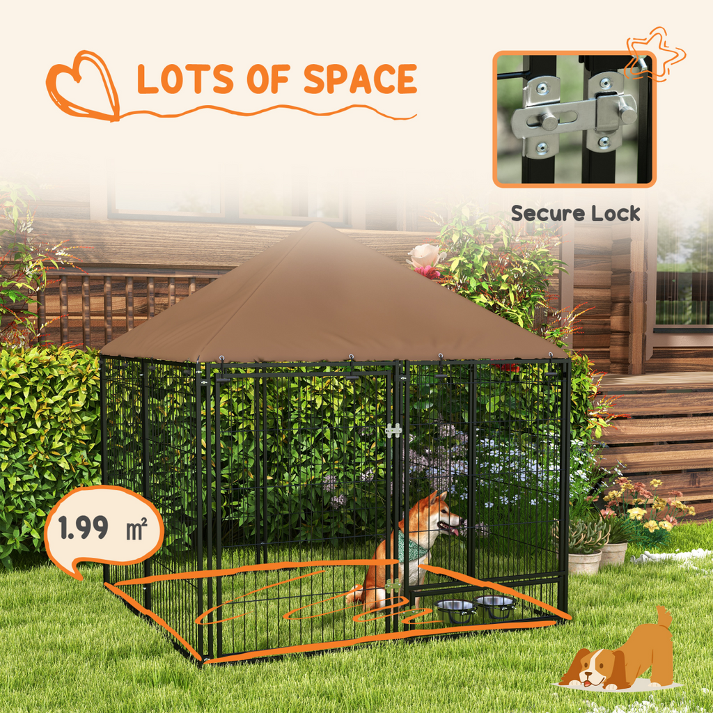 Outdoor Dog Kennel with Canopy Top, Secure Lock & Rotating Bowl Holder