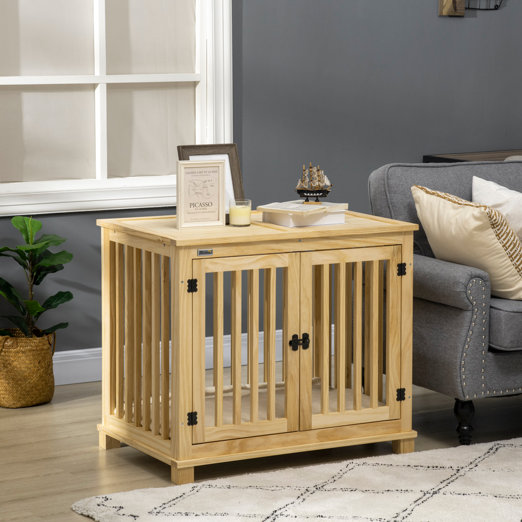 Wooden Dog Crate Furniture with Double Doors and Cushioned Pad - For Medium Dogs