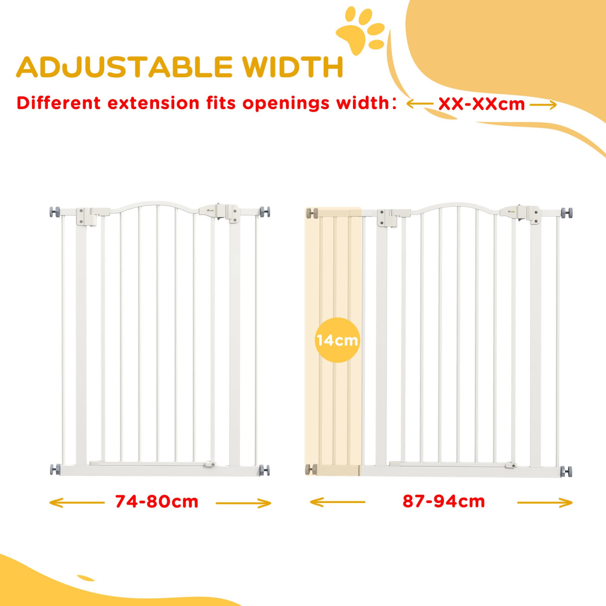 PawHut 74-94cm Adjustable Metal Pet Gate with Auto-Close Door, White