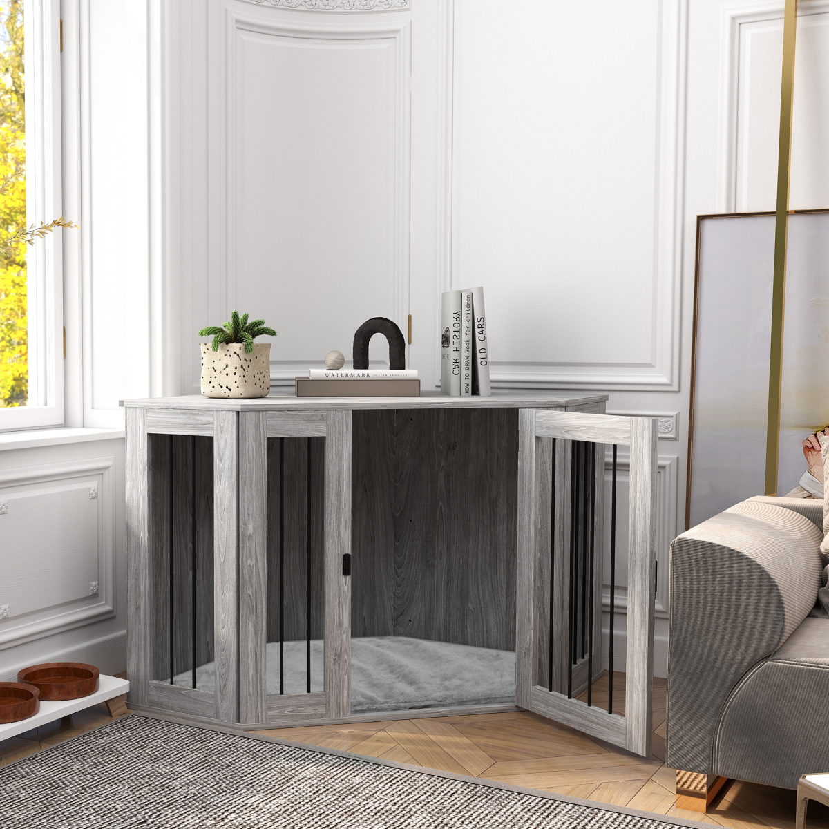PawHut Large Dog Crate Furniture with Cushion & Door - Grey