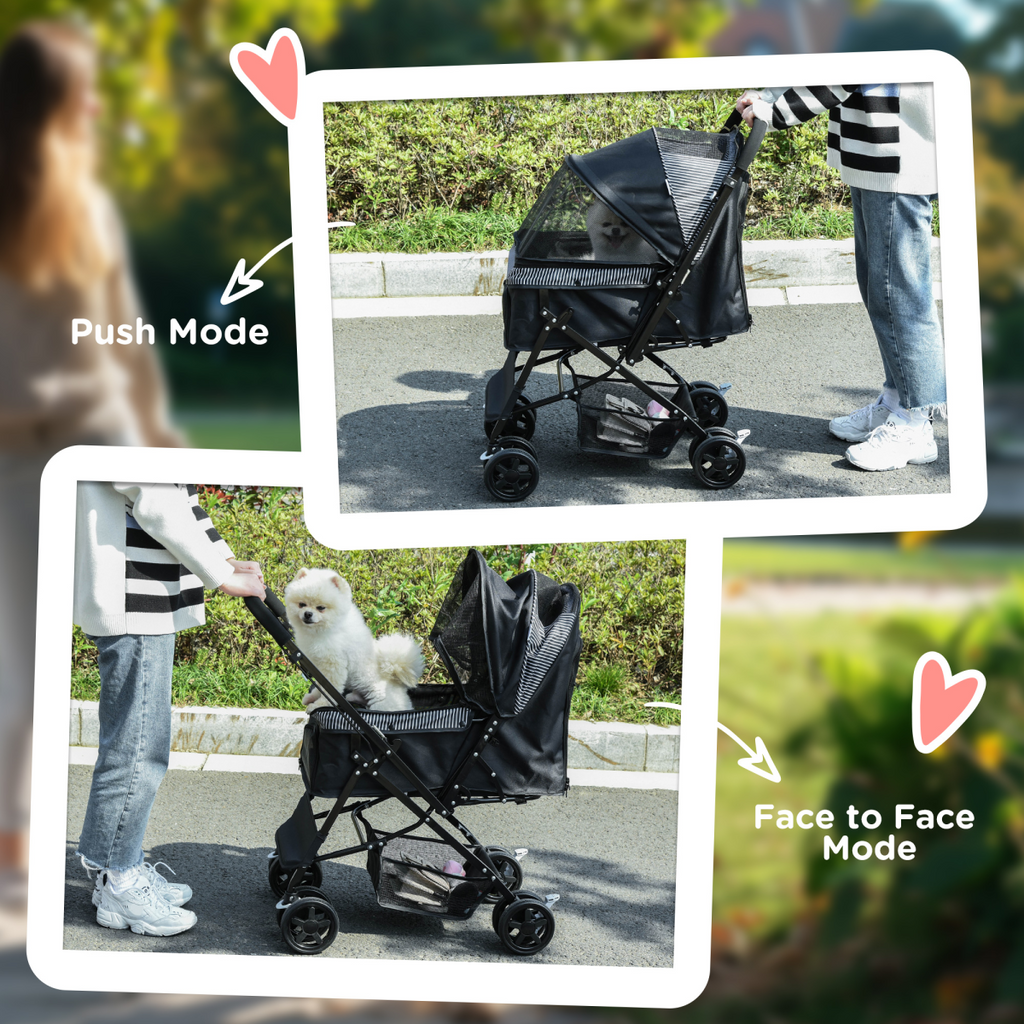 Foldable Pet Stroller with Reversible Handle - Four-Wheel Travel Carriage Black