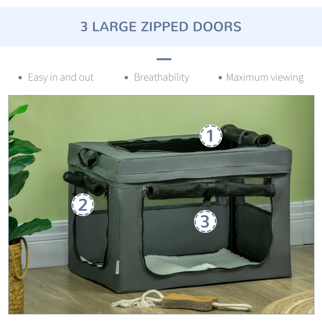60cm Foldable Cat & Small Dog Carrier with Cushion - Grey