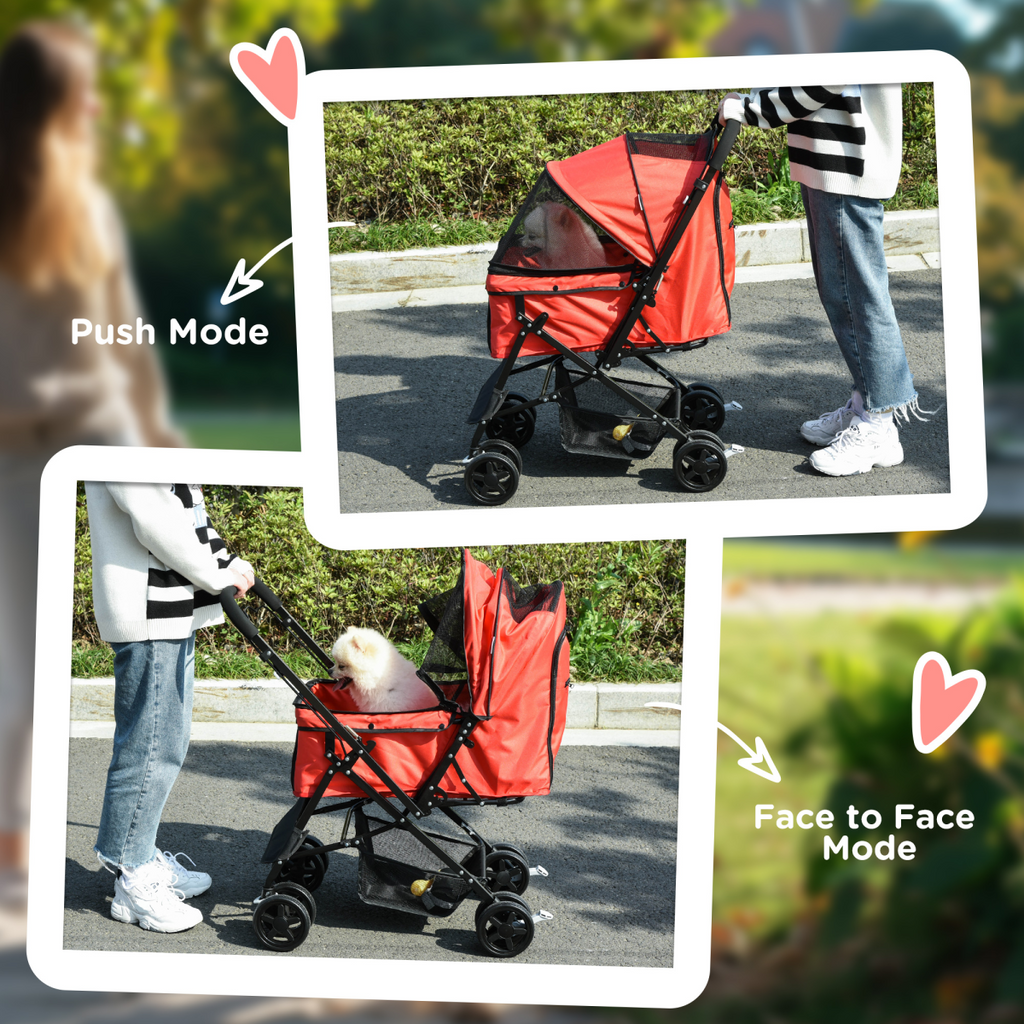 Foldable Four-Wheel Pet Stroller with Reversible Handle, Brakes & Storage