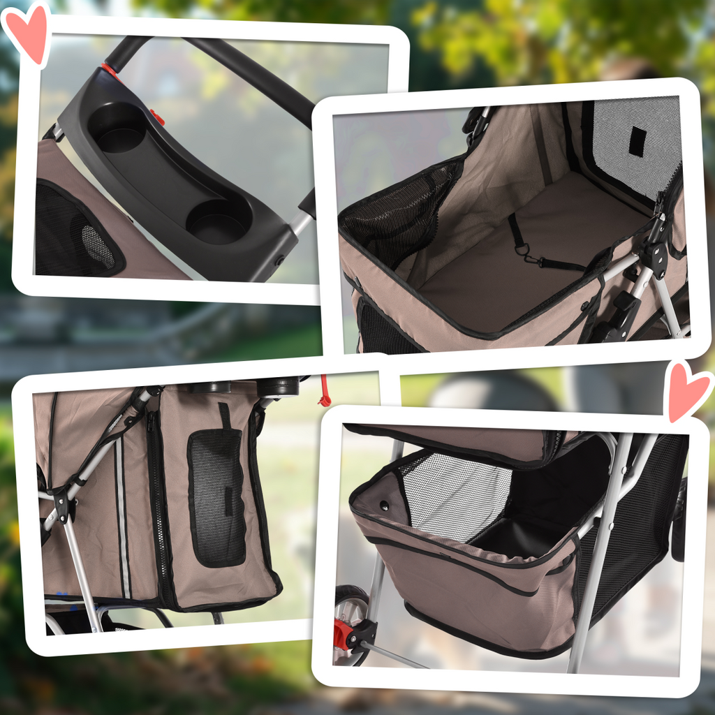 Pawhut 3-Wheel Pet Stroller Carrier for Cats & Puppies, Brown
