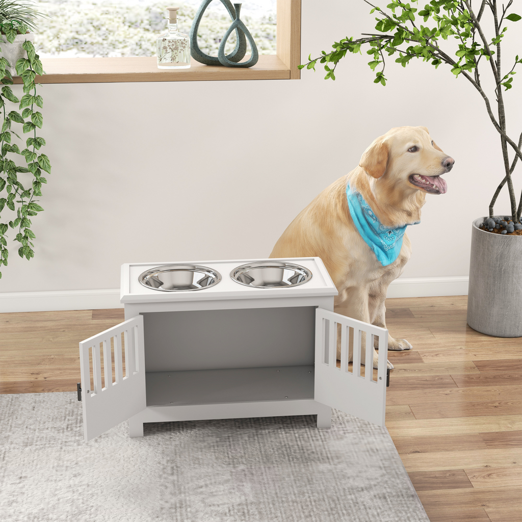 PawHut Raised 2-Bowl Dog Feeding Station for Large Dogs with Storage - White