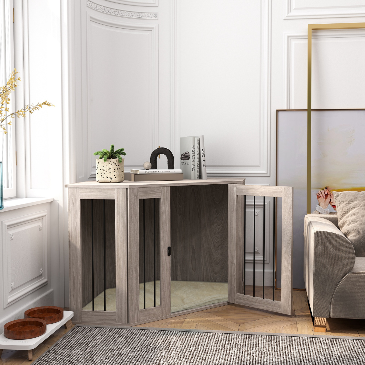 Walnut Brown Dog Crate Side Table for Large Dogs, Cushioned and Safe