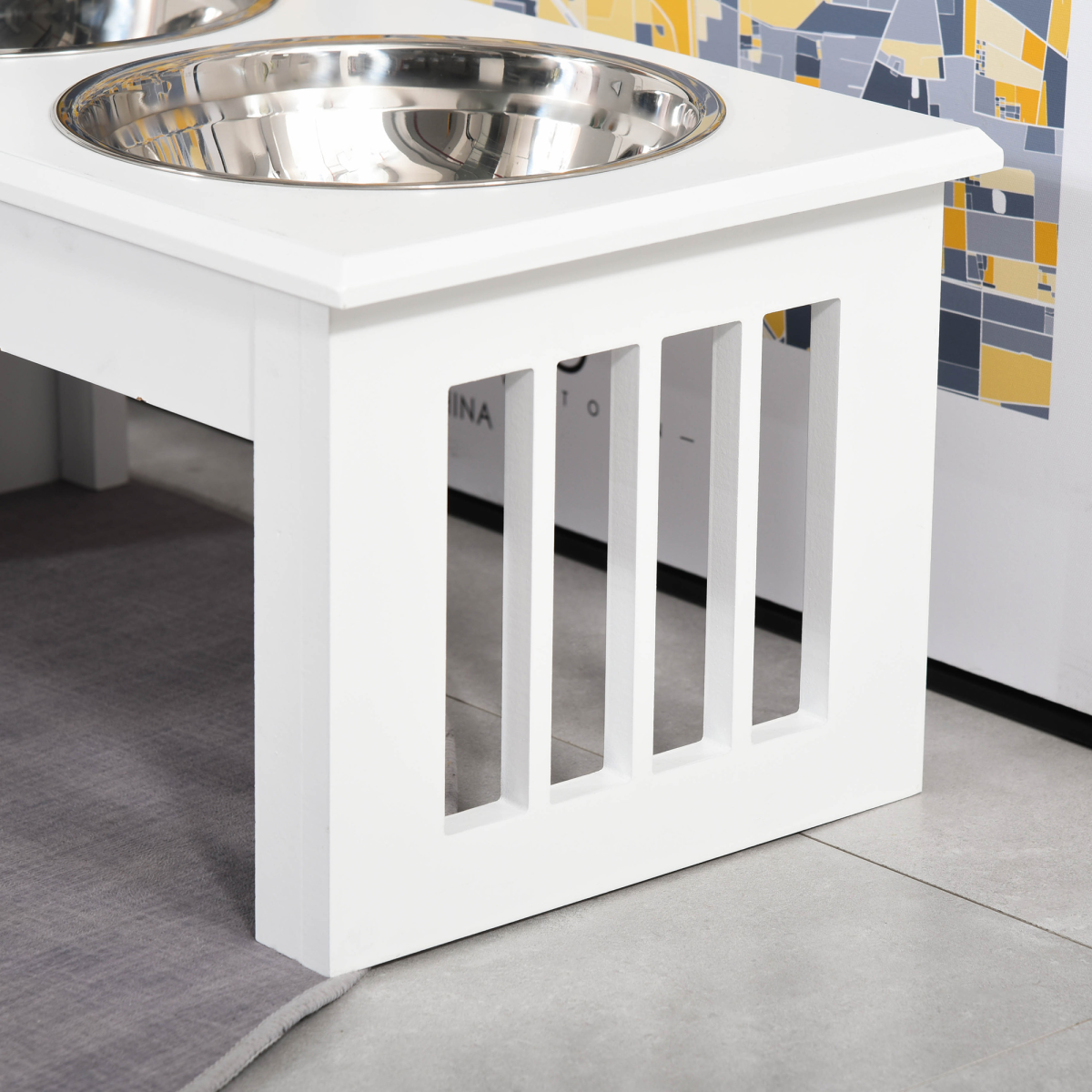 Pet Feeder Raised Stainless Steel Bowls Stand - Food & Water (White, Small)