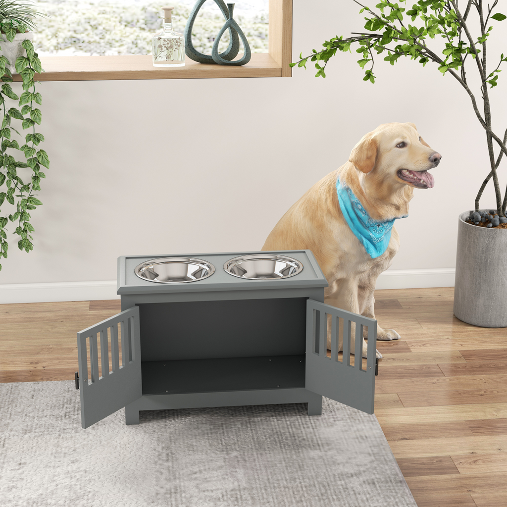 PawHut Elevated Dog Bowl Station for Large Dogs with Built-in Storage – Grey