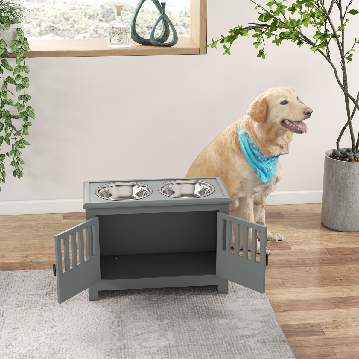 PawHut Elevated Dog Bowl Station for Large Dogs with Built-in Storage – Grey