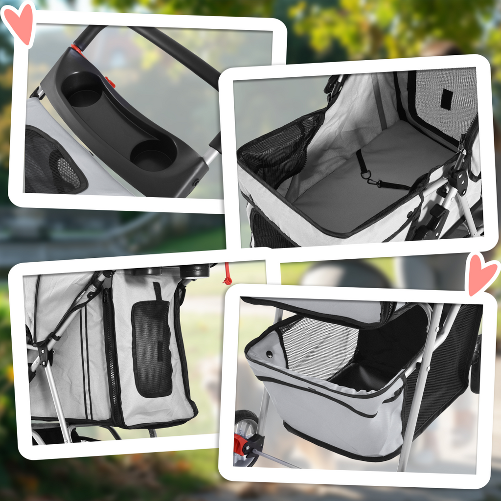 Pawhut 3-Wheel Pet Stroller Carrier for Cats & Small Dogs, Grey