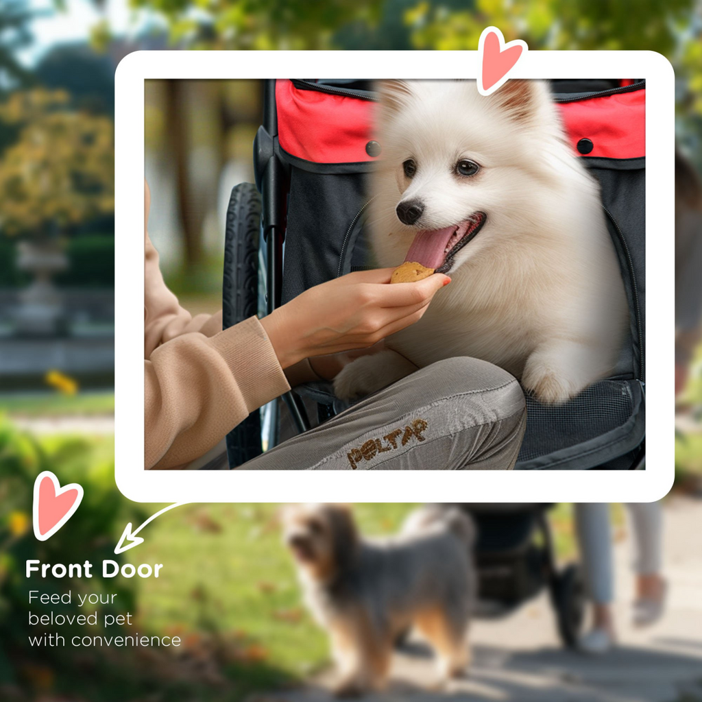Foldable Pet Stroller Jogger w/ Canopy, Three Wheels, for Medium Dogs - Red