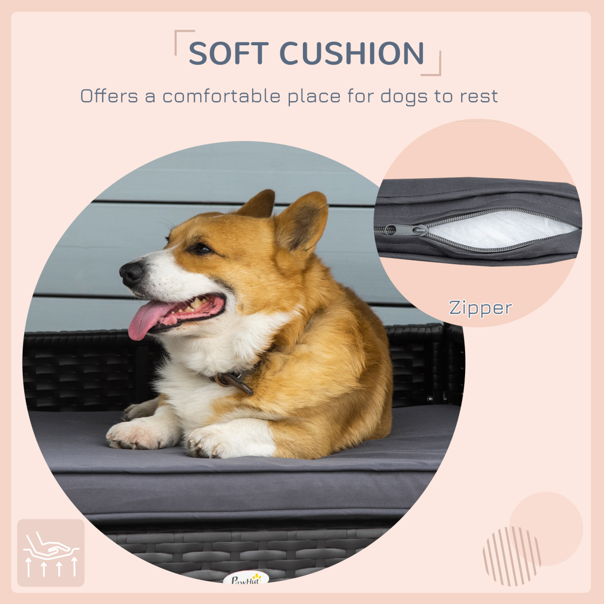 PawHut Wicker Dog House, Cat Basket & Rattan Pet Bed with Cushion - Grey