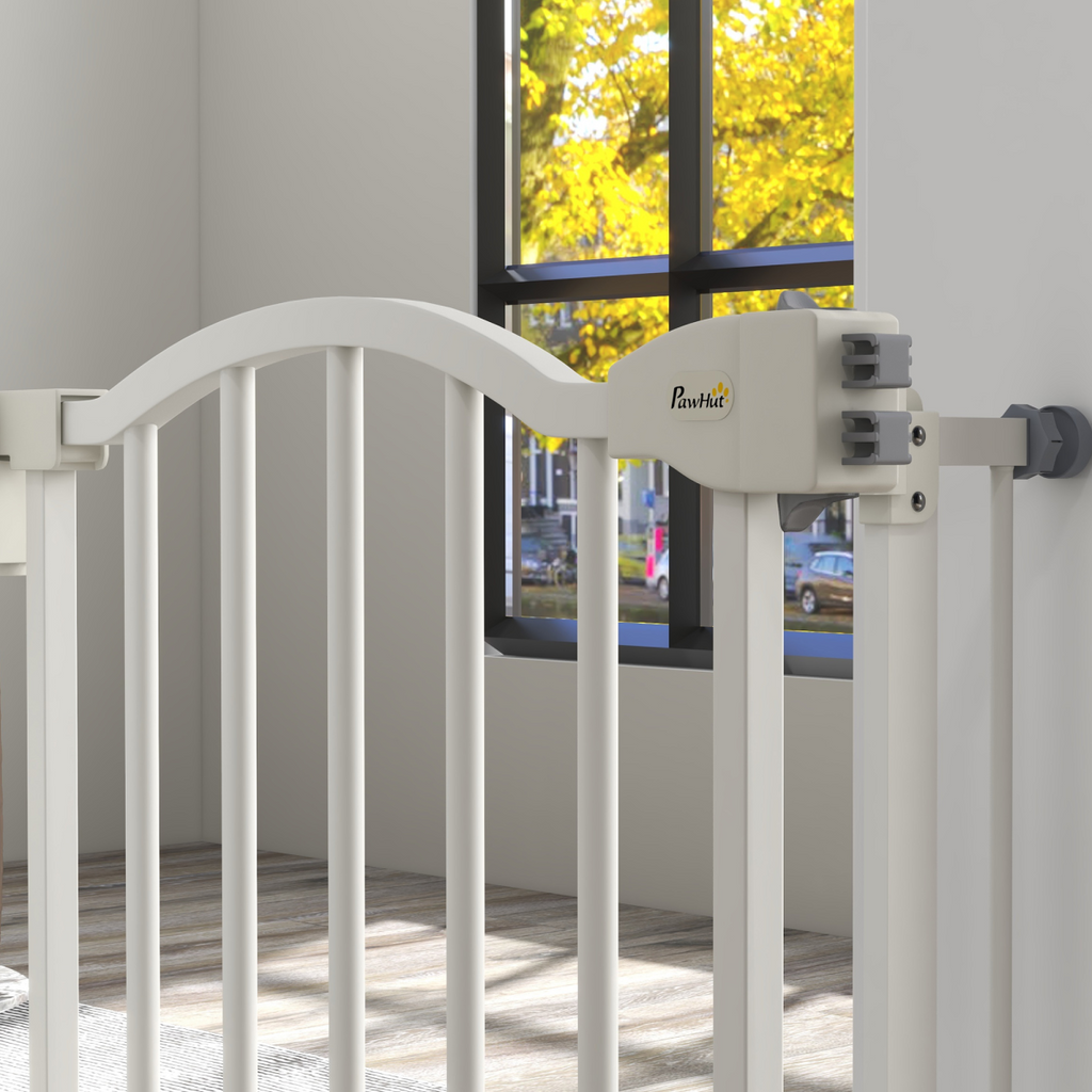 PawHut 74-94cm Auto-Close Metal Pet Gate with Double-Locking - White