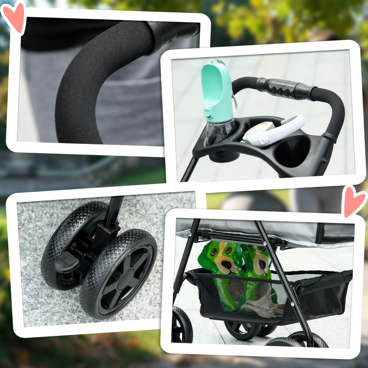 No-Zip Foldable Pet Stroller with Brake Basket, 360° Wheels, Adjustable Canopy