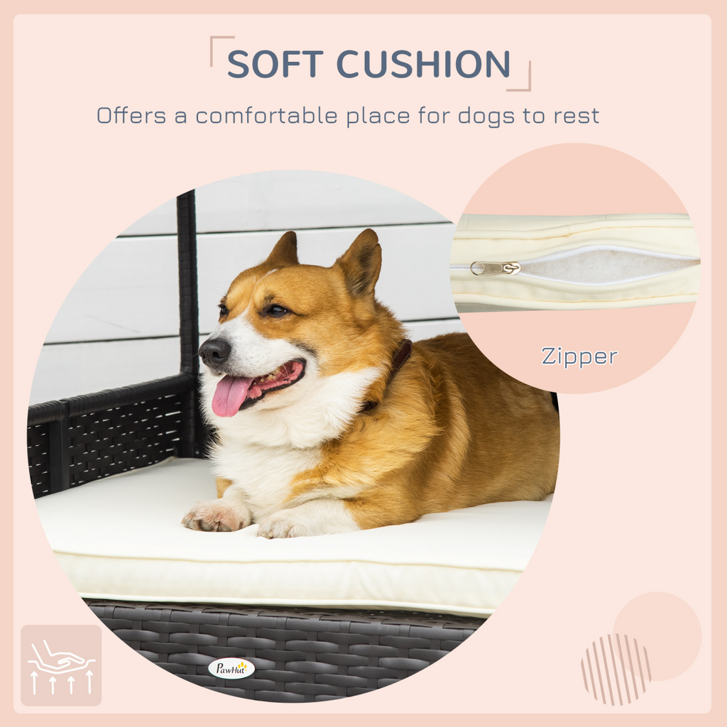 PawHut Wicker Dog House & Rattan Pet Bed with Cushion - Cream