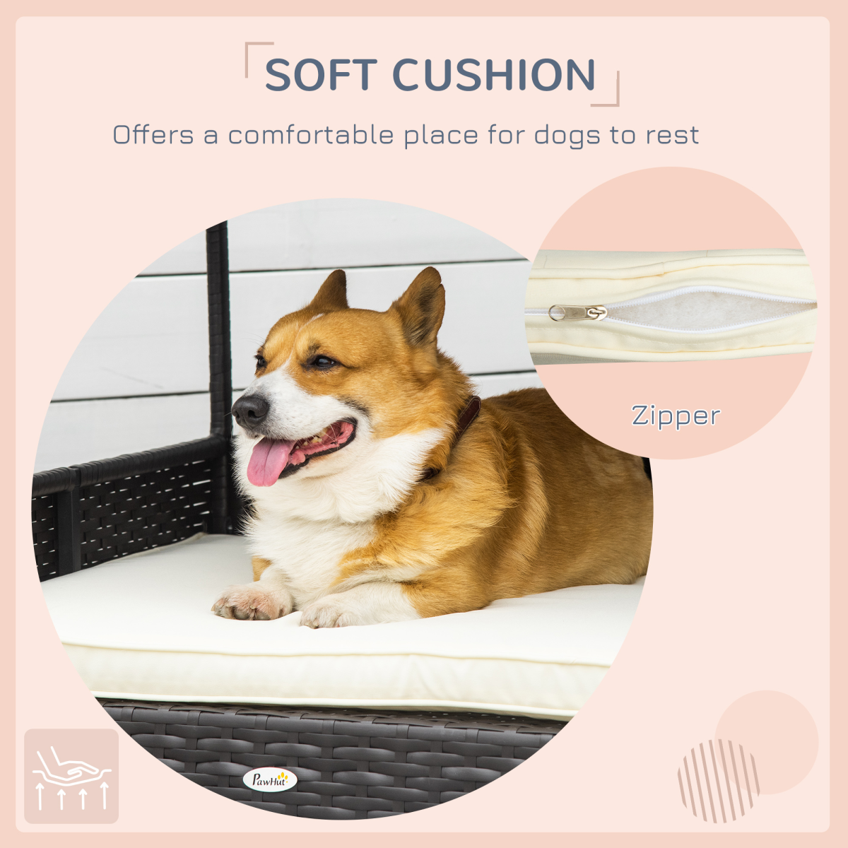 PawHut Wicker Dog House & Rattan Pet Bed with Cushion - Cream