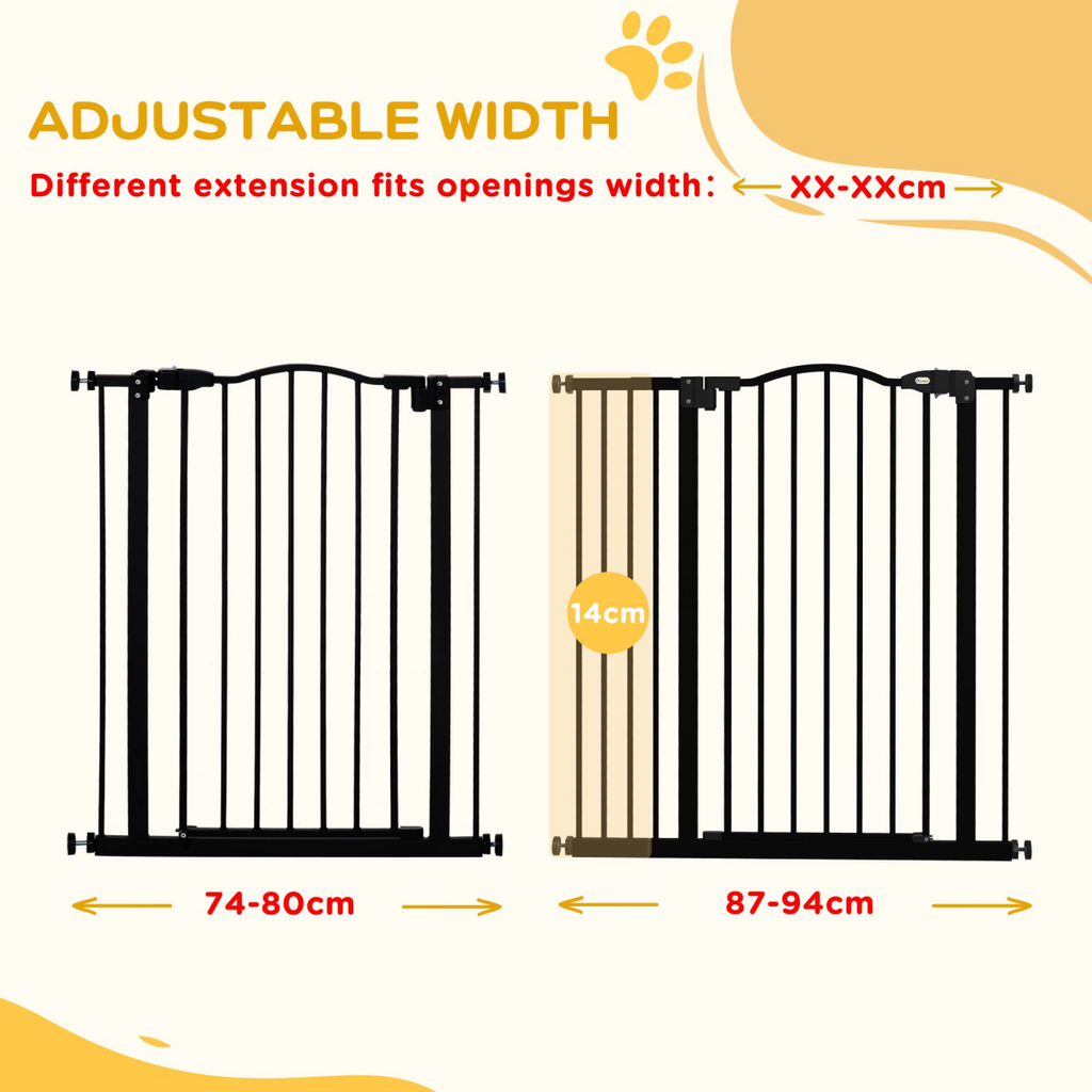 PawHut Adjustable Metal Pet Gate with Auto-Close Door, Black 74-94cm