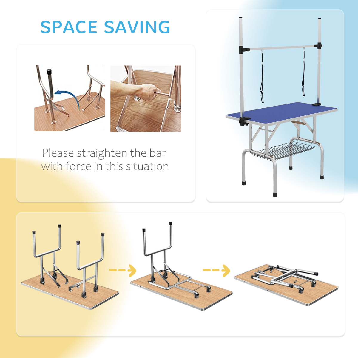Metal Adjustable Dog Grooming Table with Rubber Top, 2 Safety Slings Pawhut